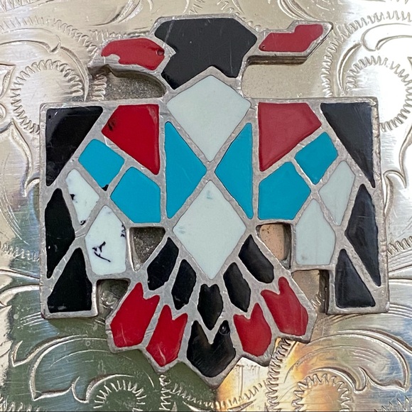 Vintage Nickel Silver Native American Turquoise Inlay Thunderbird Belt Buckle - Picture 5 of 9